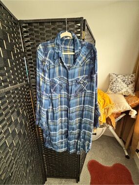 Long Sleeve Blue Plaid Shirt Dress